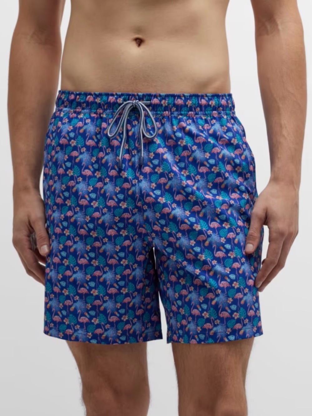 Peter Millar Tropical Flock 7” Swim Trunks Mens M Blue Flamingo